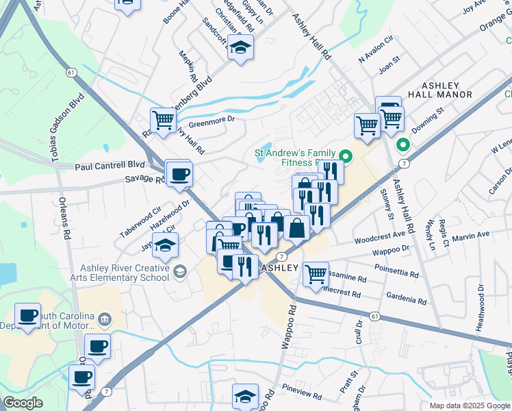 map of restaurants, bars, coffee shops, grocery stores, and more near 16 Windjammer in Charleston