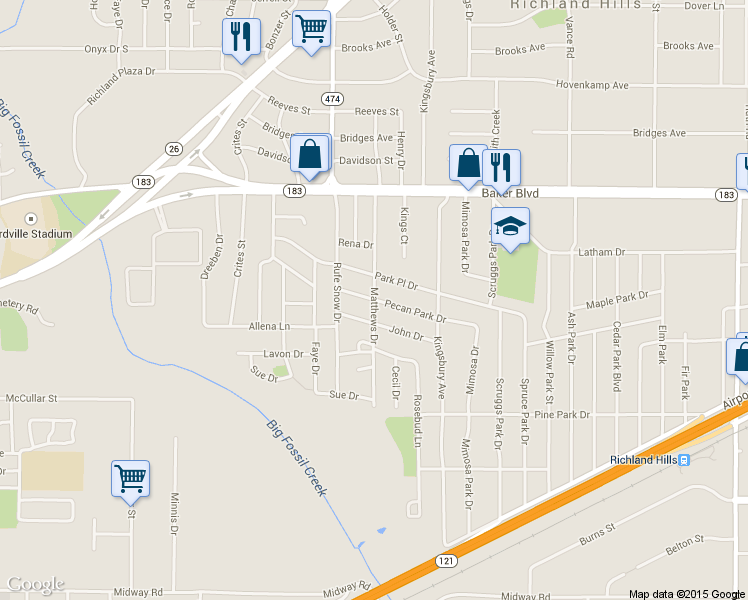 map of restaurants, bars, coffee shops, grocery stores, and more near Matthews Drive in Richland Hills