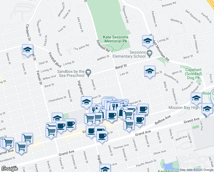 map of restaurants, bars, coffee shops, grocery stores, and more near Chalcedony St & Kendall St in San Diego