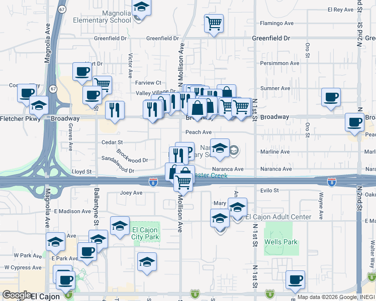 map of restaurants, bars, coffee shops, grocery stores, and more near 779 North Mollison Avenue in El Cajon