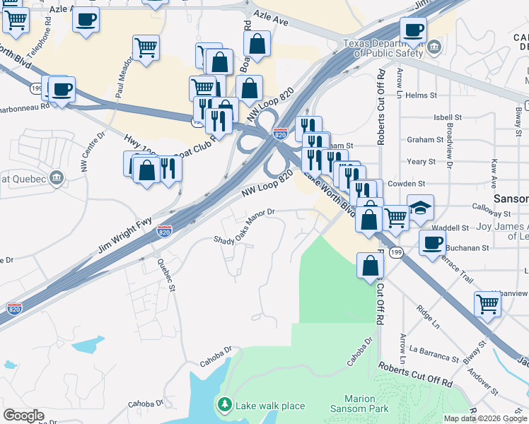 map of restaurants, bars, coffee shops, grocery stores, and more near 6237 Shady Oaks Manor Drive in Fort Worth