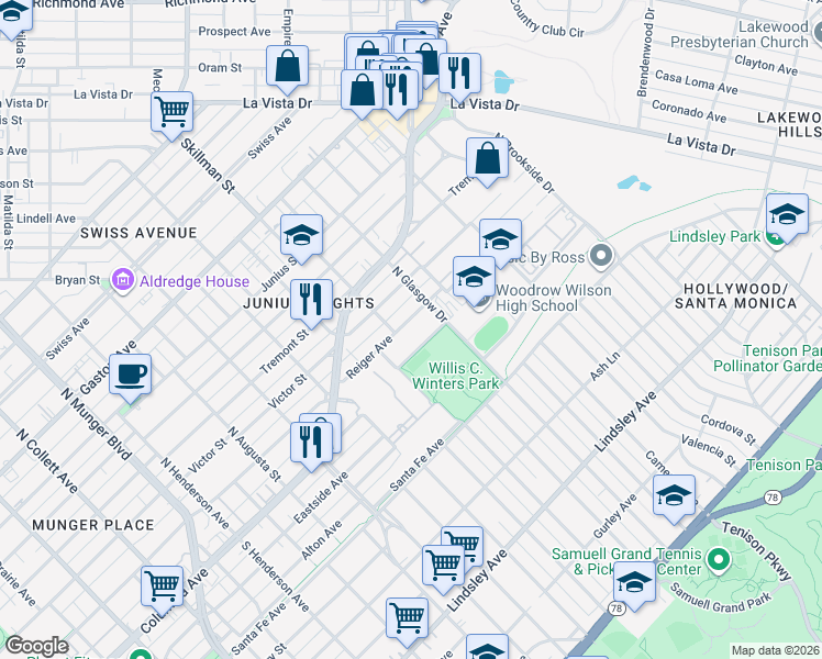 map of restaurants, bars, coffee shops, grocery stores, and more near 5906 Reiger Avenue in Dallas