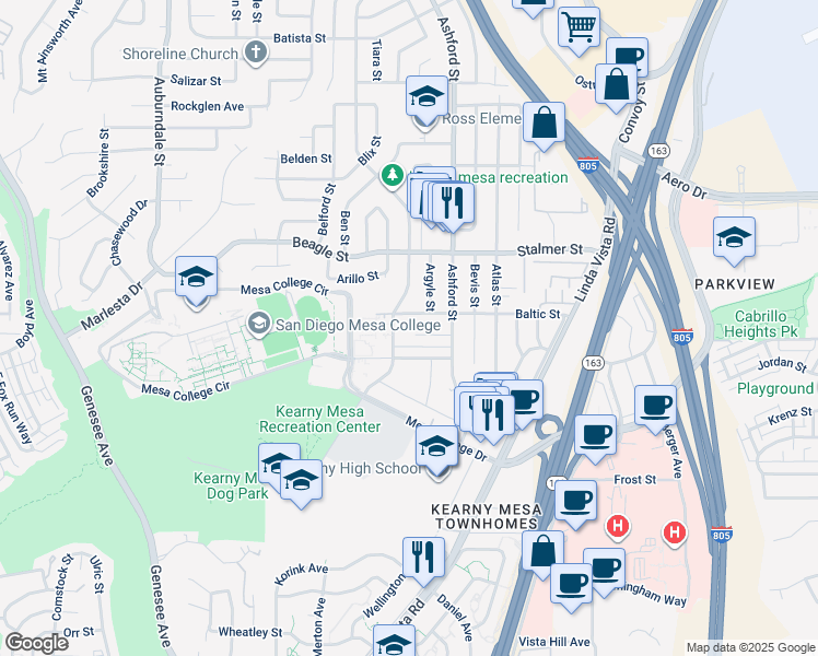 map of restaurants, bars, coffee shops, grocery stores, and more near 7414 Ashford Place in San Diego