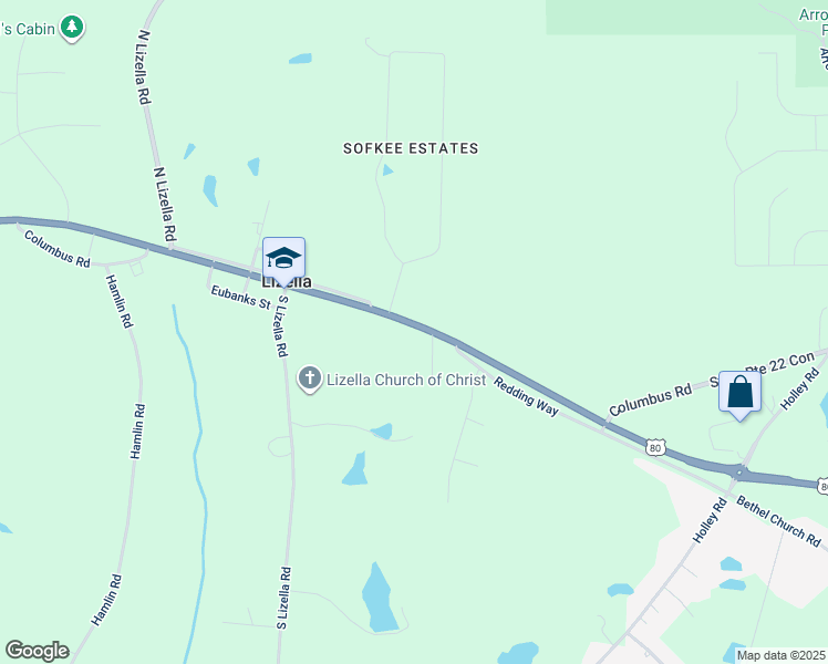 map of restaurants, bars, coffee shops, grocery stores, and more near 8062 Eisenhower Parkway in Lizella