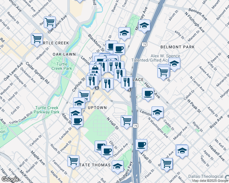 map of restaurants, bars, coffee shops, grocery stores, and more near 2828 Lemmon Avenue East in Dallas