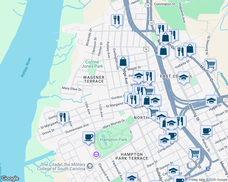 map of restaurants, bars, coffee shops, grocery stores, and more near 139 Simons Street in Charleston