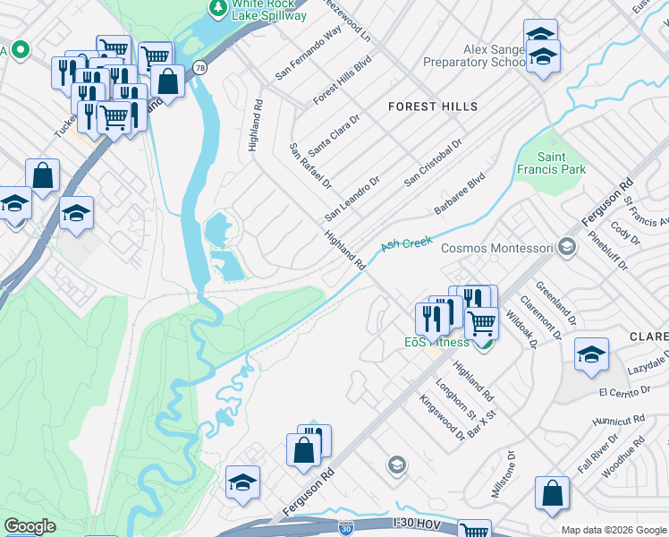 map of restaurants, bars, coffee shops, grocery stores, and more near 1802 Highland Road in Dallas