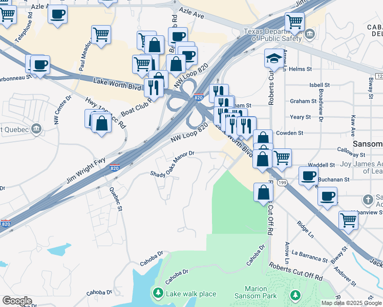 map of restaurants, bars, coffee shops, grocery stores, and more near 6227 Shady Oaks Manor Drive in Fort Worth