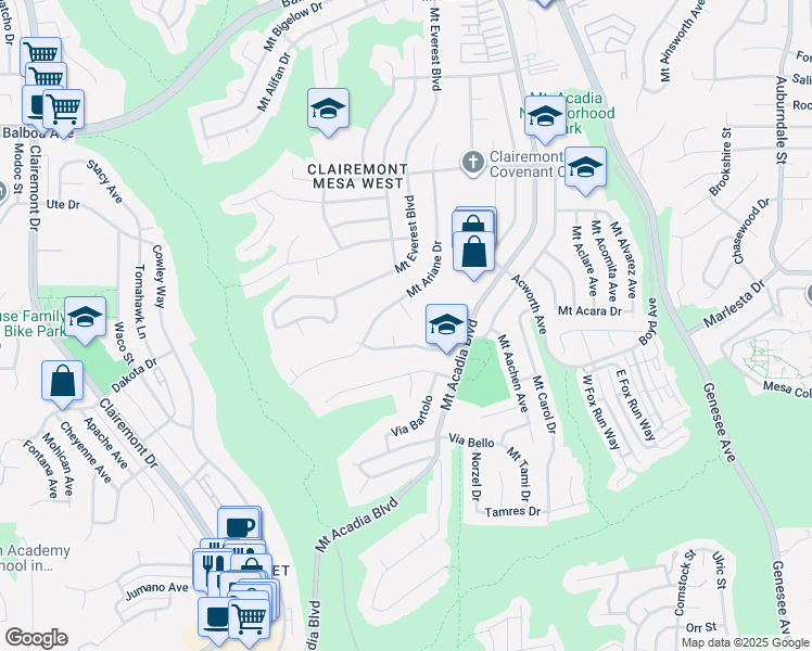 map of restaurants, bars, coffee shops, grocery stores, and more near 5332 Mount Burnham Drive in San Diego