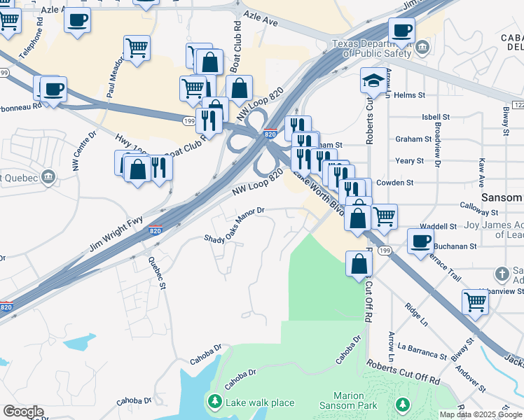 map of restaurants, bars, coffee shops, grocery stores, and more near 6225 Shady Oaks Manor Drive in Fort Worth