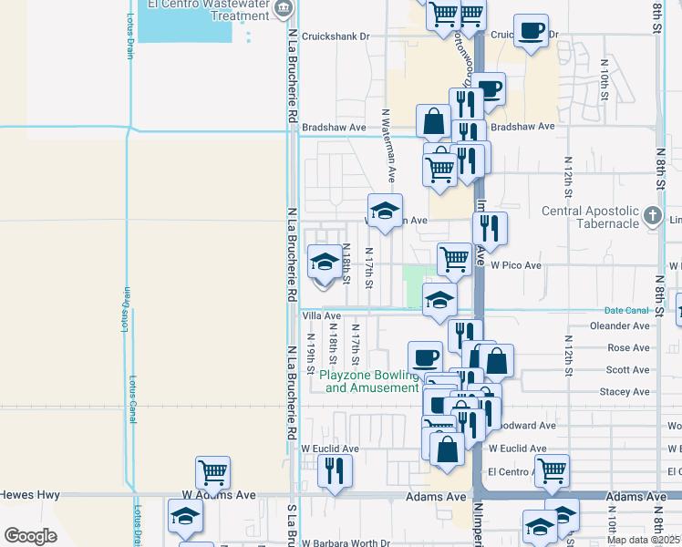 map of restaurants, bars, coffee shops, grocery stores, and more near 1254 North 18th Street in El Centro