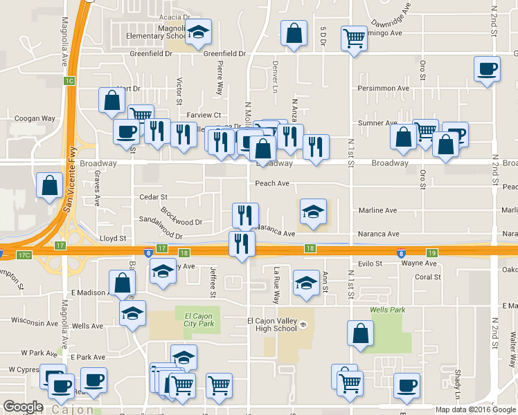 map of restaurants, bars, coffee shops, grocery stores, and more near 779 North Mollison Avenue in El Cajon
