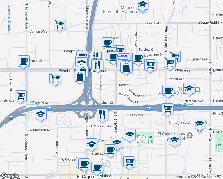 map of restaurants, bars, coffee shops, grocery stores, and more near 765 Graves Avenue in El Cajon