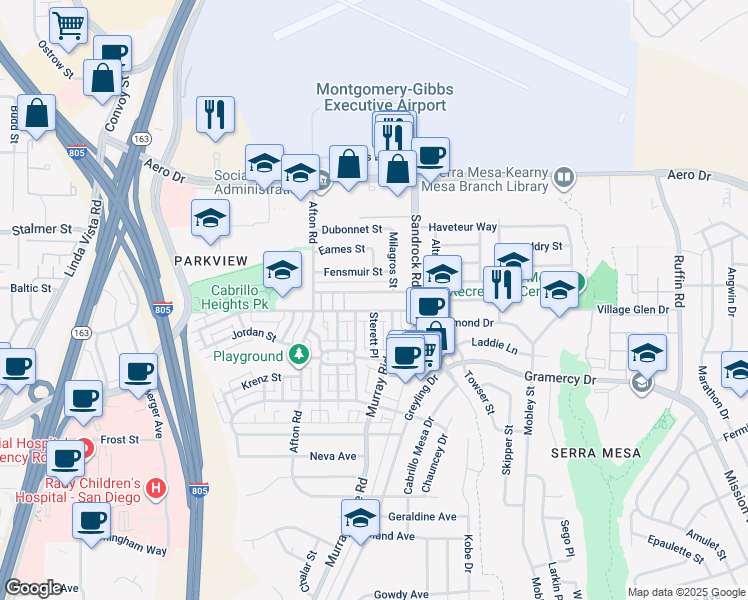 map of restaurants, bars, coffee shops, grocery stores, and more near 8616 Hurlbut Street in San Diego
