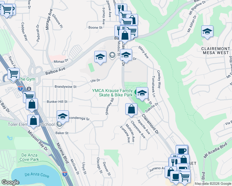 map of restaurants, bars, coffee shops, grocery stores, and more near 3559 Shawnee Road in San Diego