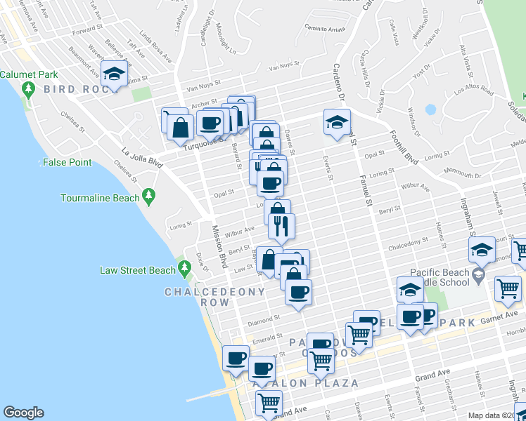 map of restaurants, bars, coffee shops, grocery stores, and more near 950 Wilbur Avenue in San Diego
