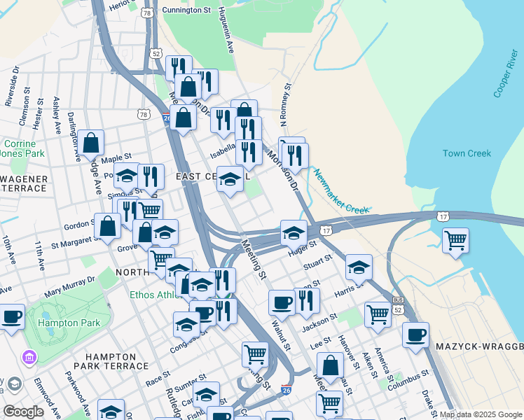 map of restaurants, bars, coffee shops, grocery stores, and more near 11 Cedar Street in Charleston
