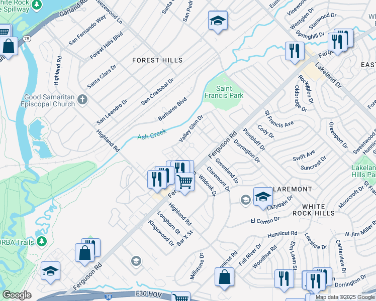 map of restaurants, bars, coffee shops, grocery stores, and more near 2231 Graycliff Drive in Dallas