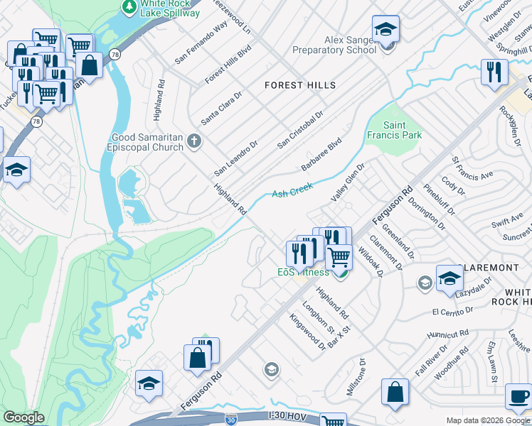 map of restaurants, bars, coffee shops, grocery stores, and more near 1925 Highland Road in Dallas