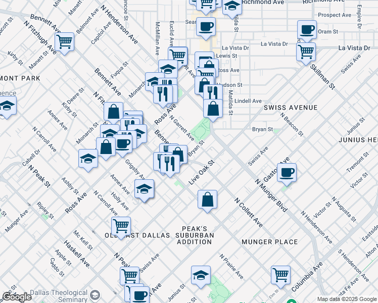 map of restaurants, bars, coffee shops, grocery stores, and more near 1400 Bennett Avenue in Dallas