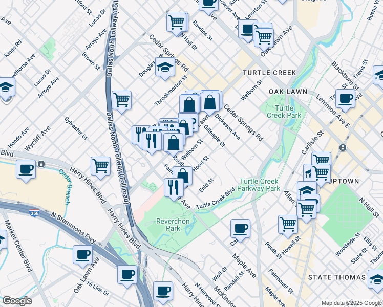 map of restaurants, bars, coffee shops, grocery stores, and more near 2626 Welborn Street in Dallas
