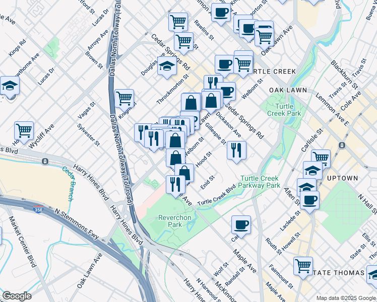map of restaurants, bars, coffee shops, grocery stores, and more near 2626 Welborn Street in Dallas