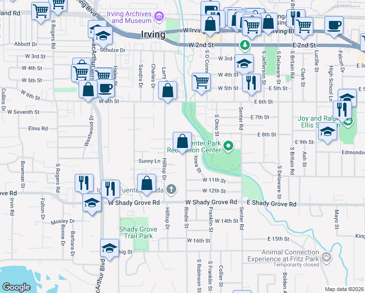 map of restaurants, bars, coffee shops, grocery stores, and more near 916 Hilltop Drive in Irving