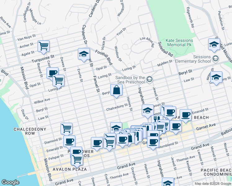 map of restaurants, bars, coffee shops, grocery stores, and more near 1406 Law Street in San Diego
