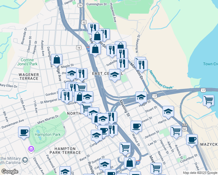map of restaurants, bars, coffee shops, grocery stores, and more near 649 Meeting Street in Charleston
