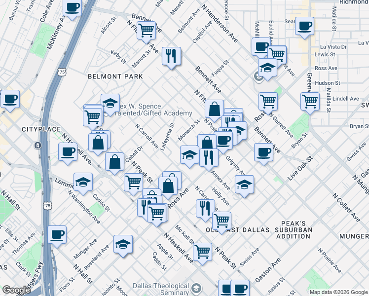 map of restaurants, bars, coffee shops, grocery stores, and more near 1917 California Drive in Dallas