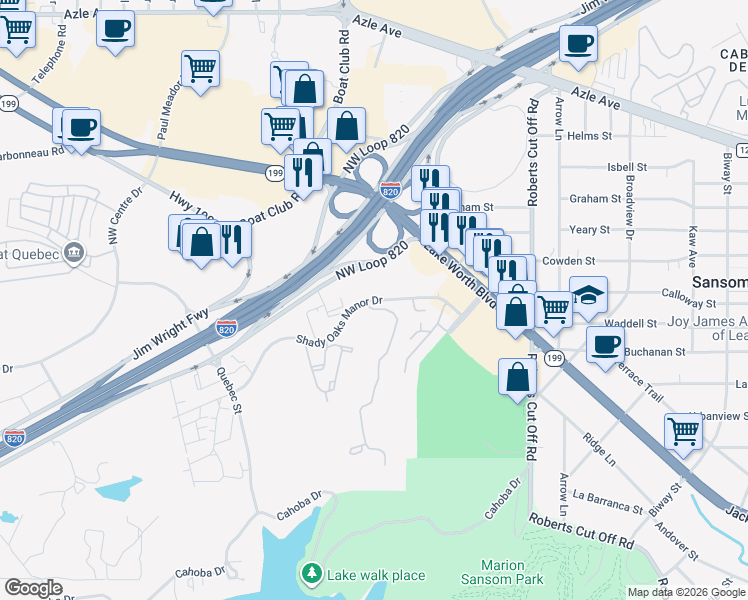map of restaurants, bars, coffee shops, grocery stores, and more near 6228 Shady Oaks Manor Drive in Fort Worth