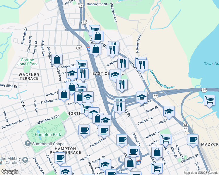 map of restaurants, bars, coffee shops, grocery stores, and more near 649 Meeting Street in Charleston