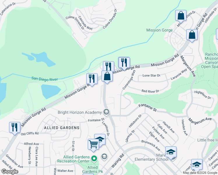map of restaurants, bars, coffee shops, grocery stores, and more near 7405 Princess View Drive in San Diego