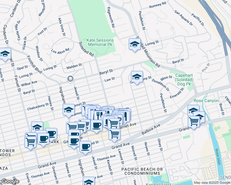 map of restaurants, bars, coffee shops, grocery stores, and more near Missouri Street in San Diego