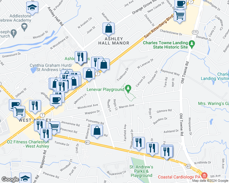 map of restaurants, bars, coffee shops, grocery stores, and more near 27 Wendy Lane in Charleston