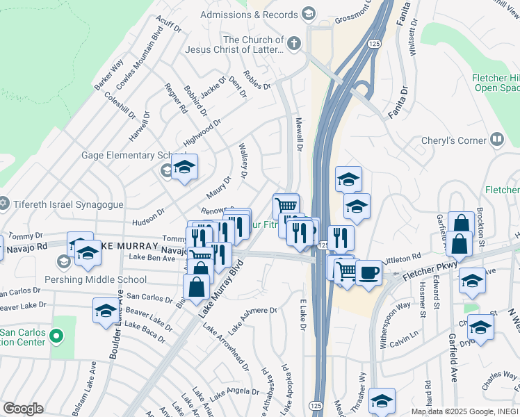 map of restaurants, bars, coffee shops, grocery stores, and more near 8734 Tommy Drive in San Diego