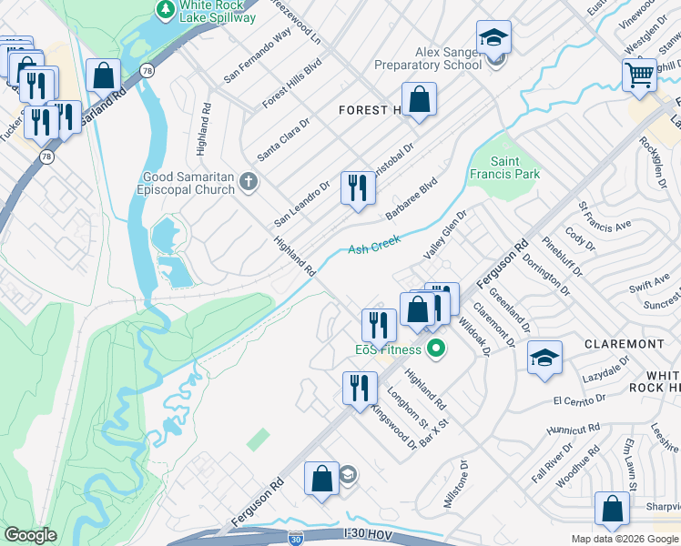 map of restaurants, bars, coffee shops, grocery stores, and more near 1925 Highland Road in Dallas