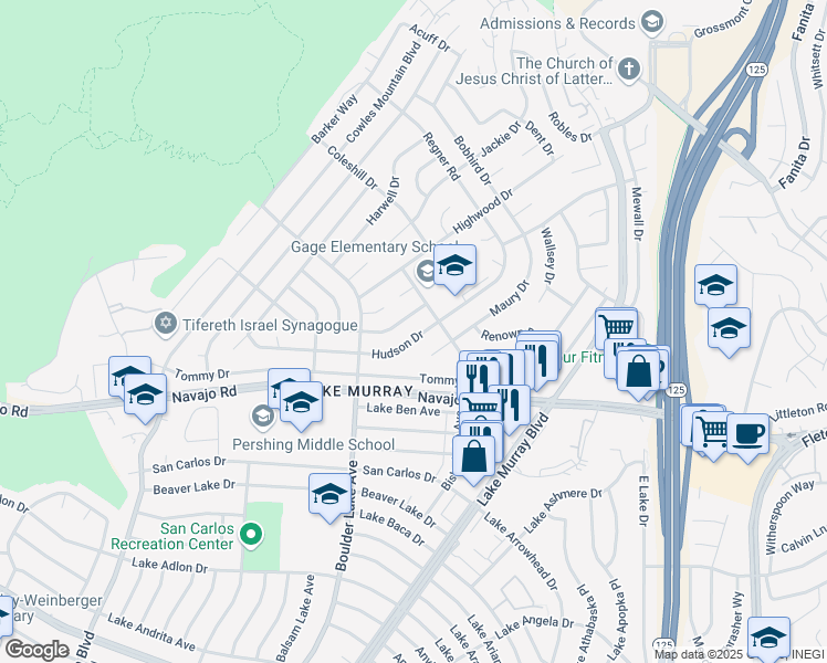 map of restaurants, bars, coffee shops, grocery stores, and more near 8446 Hudson Drive in San Diego
