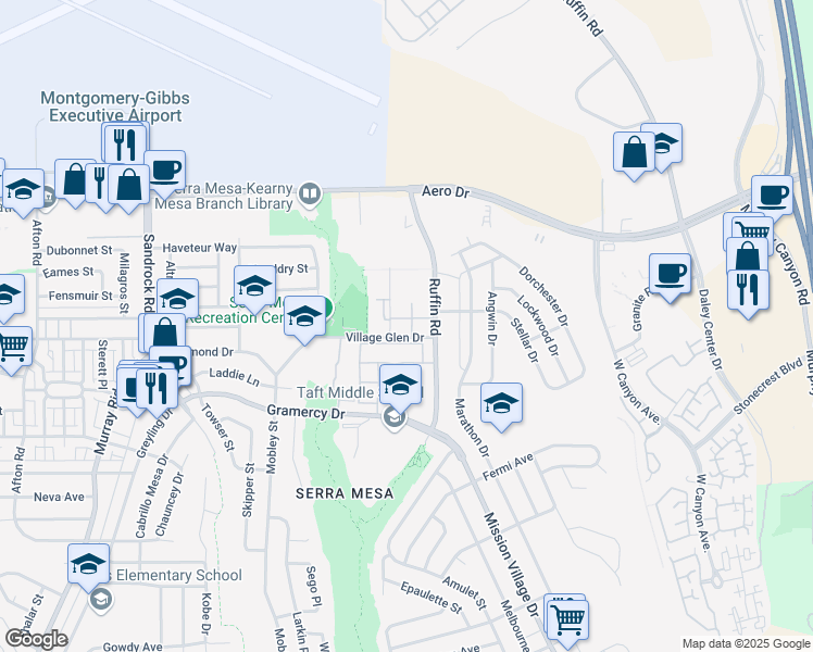 map of restaurants, bars, coffee shops, grocery stores, and more near 3453 Castle Glen Drive in San Diego