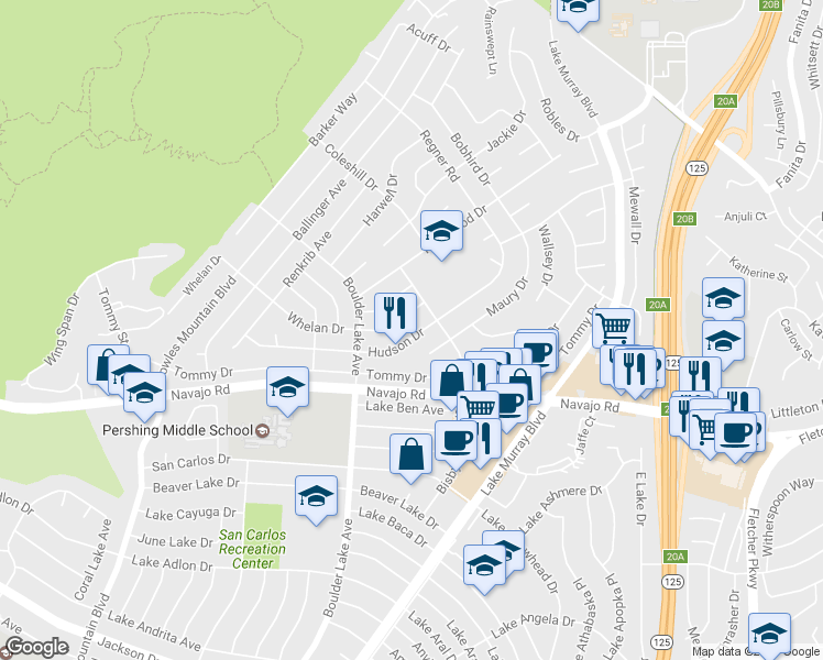 map of restaurants, bars, coffee shops, grocery stores, and more near 8446 Hudson Drive in San Diego