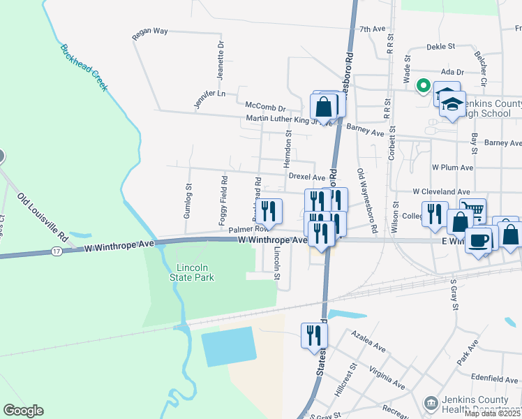 map of restaurants, bars, coffee shops, grocery stores, and more near 504 Buckhead Road in Millen