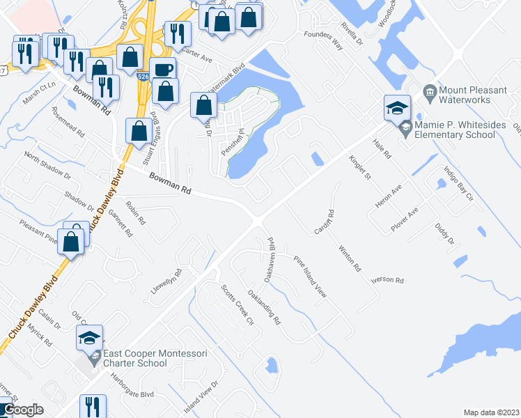 map of restaurants, bars, coffee shops, grocery stores, and more near 1403 Brecon Road in Mount Pleasant