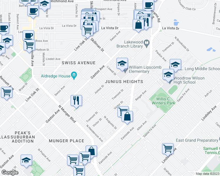 map of restaurants, bars, coffee shops, grocery stores, and more near 5625 Worth Street in Dallas