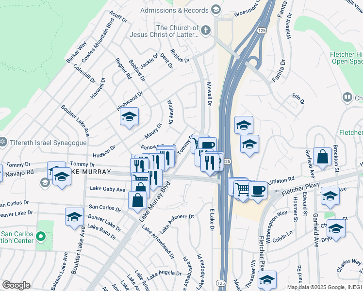map of restaurants, bars, coffee shops, grocery stores, and more near 8734 Tommy Drive in San Diego
