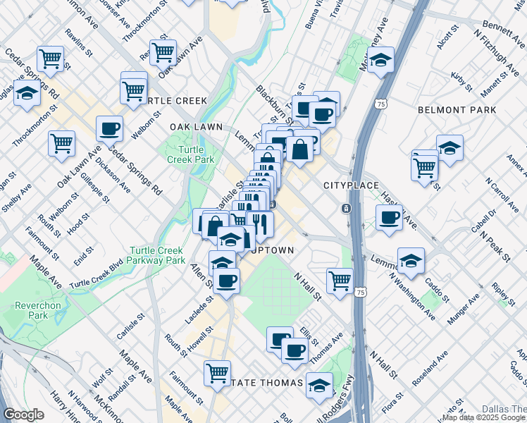 map of restaurants, bars, coffee shops, grocery stores, and more near 3309 McKinney Avenue in Dallas