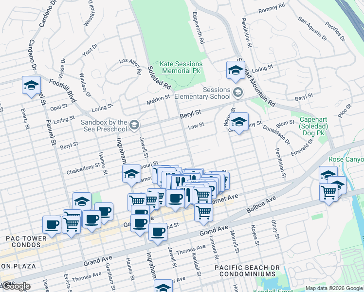 map of restaurants, bars, coffee shops, grocery stores, and more near in San Diego