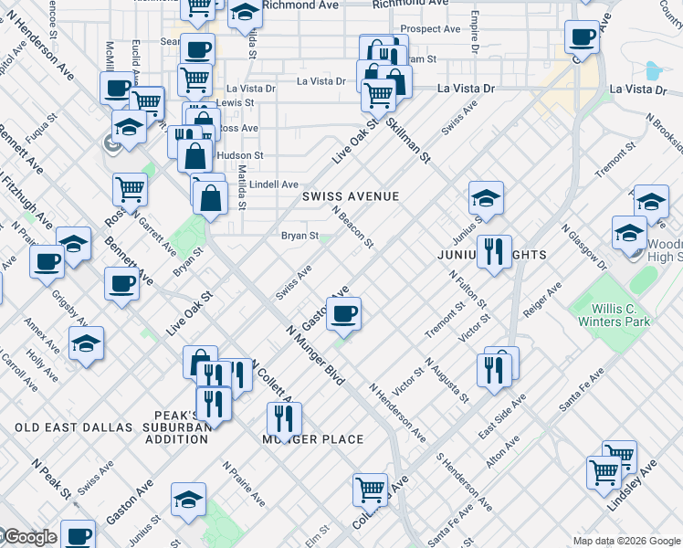 map of restaurants, bars, coffee shops, grocery stores, and more near 5435 Gaston Avenue in Dallas