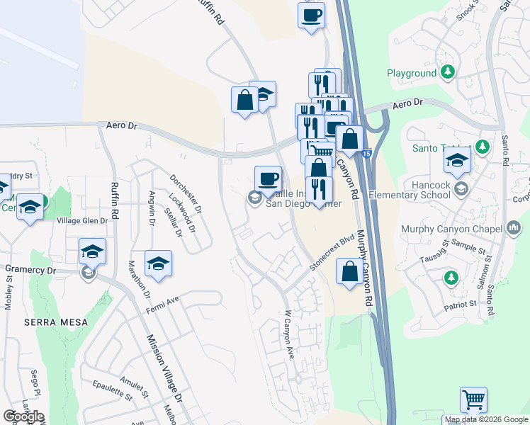 map of restaurants, bars, coffee shops, grocery stores, and more near 9645 Granite Ridge Drive in San Diego