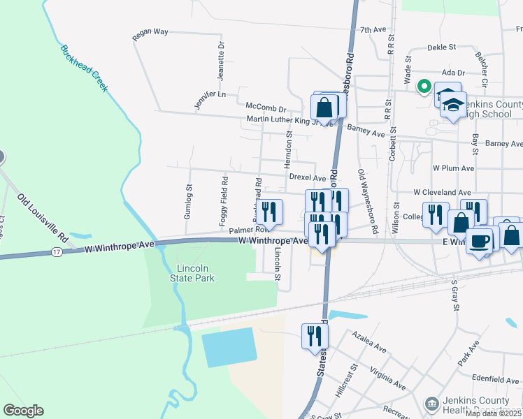 map of restaurants, bars, coffee shops, grocery stores, and more near 504 Buckhead Road in Millen