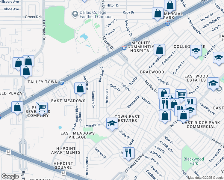 map of restaurants, bars, coffee shops, grocery stores, and more near 3017 Margo Drive in Mesquite